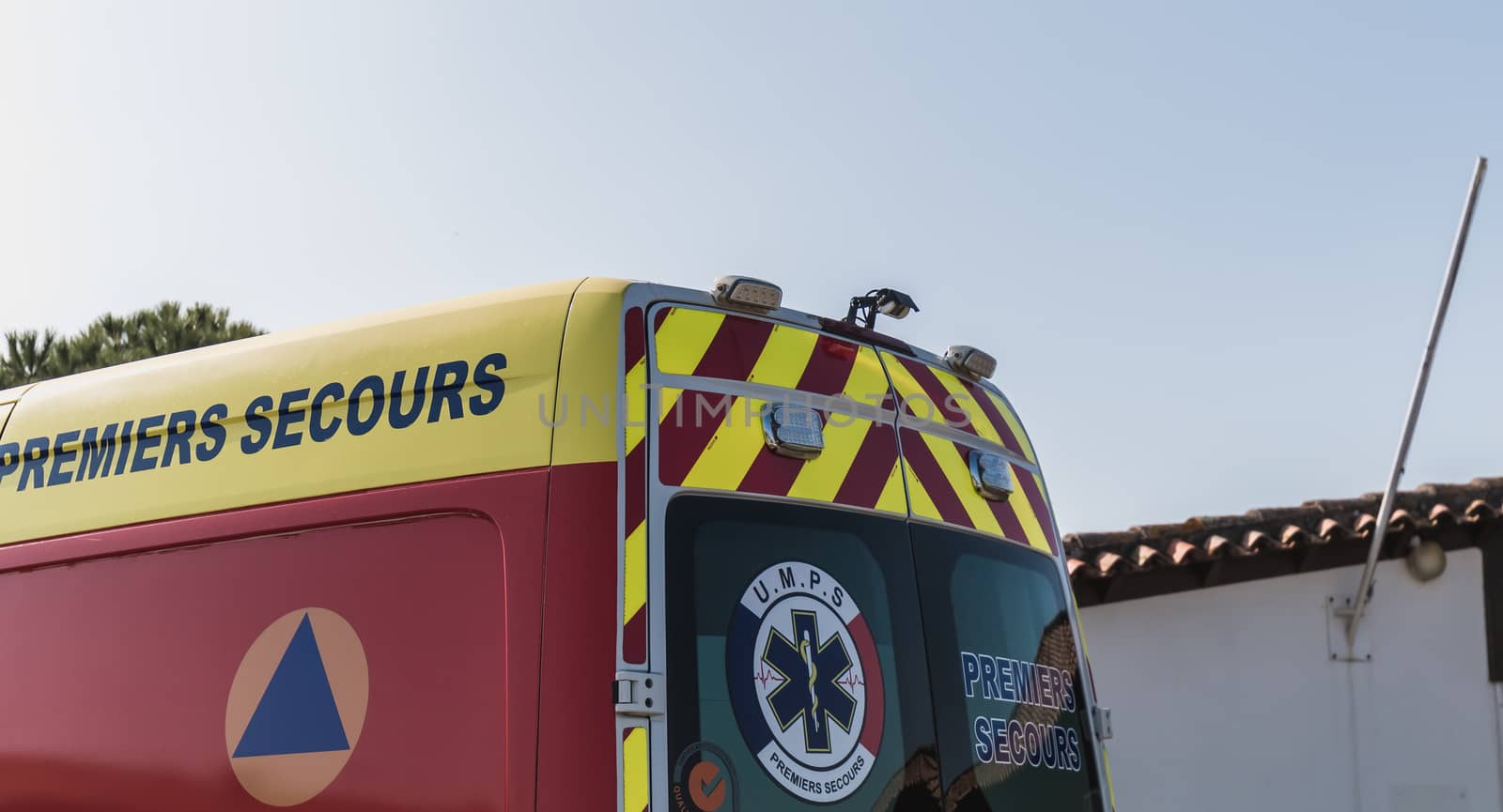 Saint Gilles Croix de Vie, France - October 19, 2018: ambulance unit Mobile First Aid (UMPS) on an event on a fall day