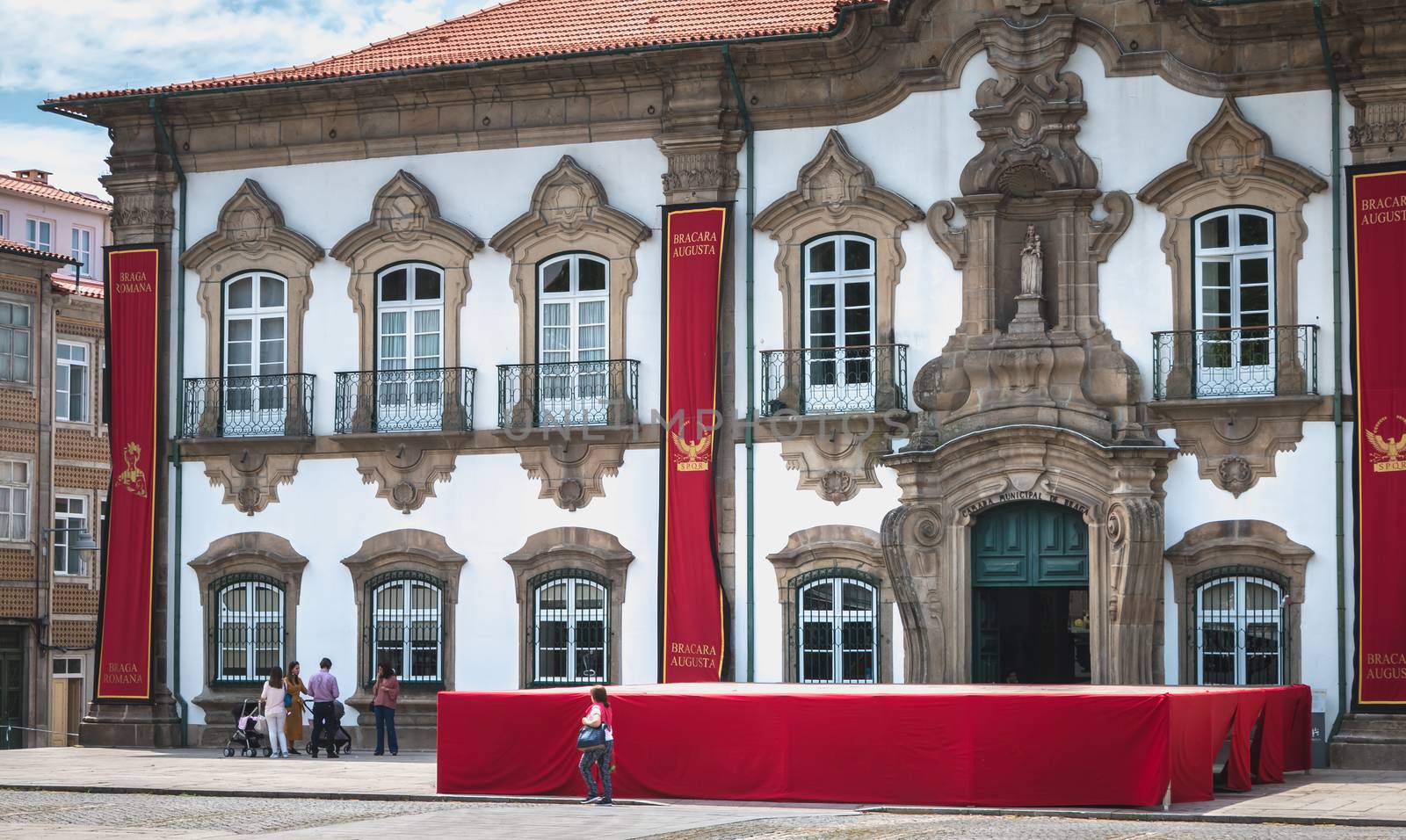 Braga, Portugal - May 23, 2018: View of Braga Town Hall decorated for Braga Romana City Day on a spring day