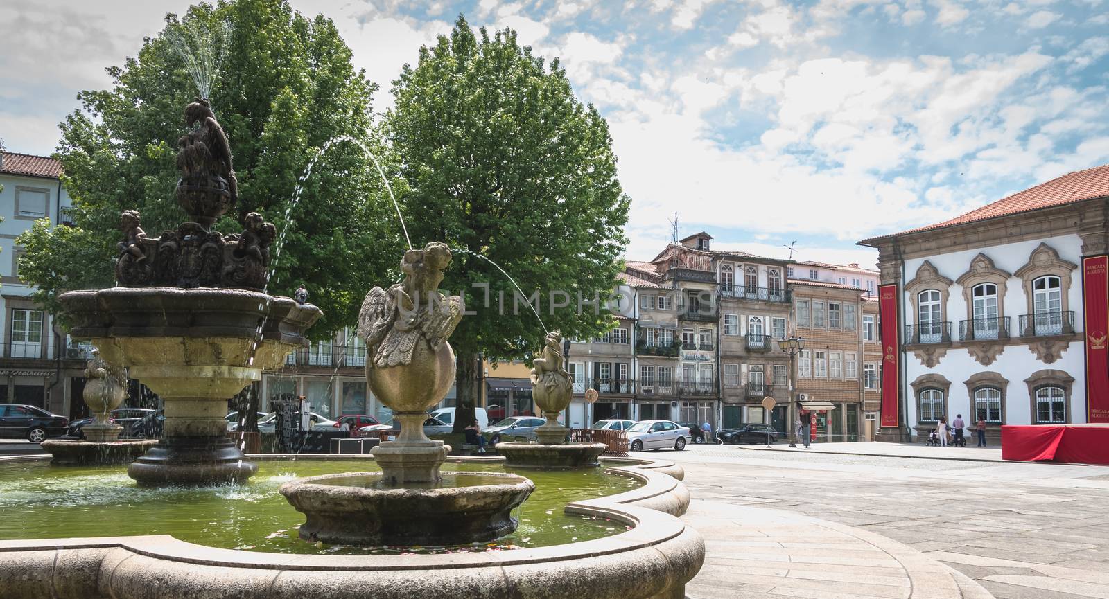 Braga, Portugal - May 23, 2018: View of Braga Town Hall decorated for Braga Romana City Day on a spring day