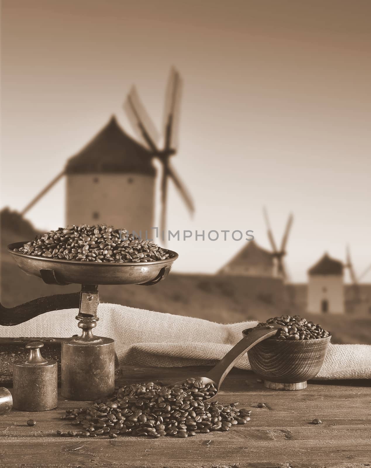 Coffee with scale and coffee beans bag in background.