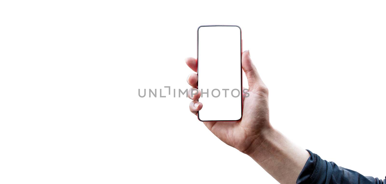 Man hand holding red smart-phone ,with white screen isolated on white background, File contains with clipping path so easy to work. by noomubon
