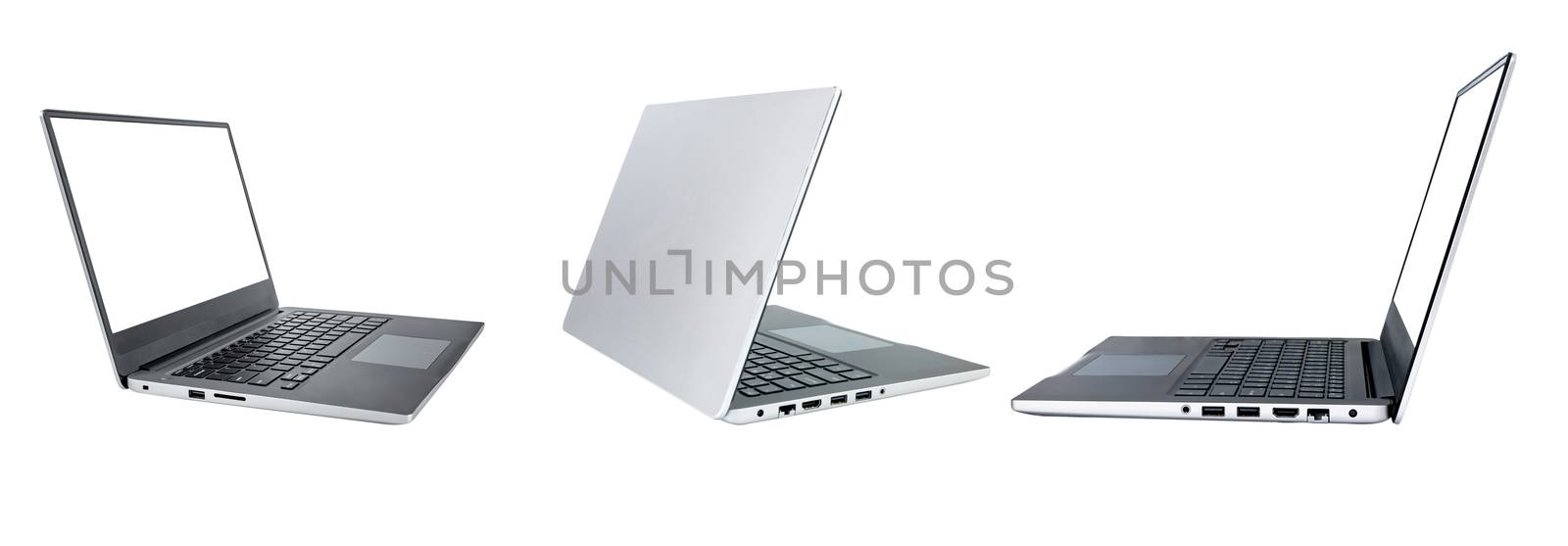 collection, Modern slim design laptop, with blank screen, Aluminum material isolated on white background. template laptop Mock up. File contains with clipping path so easy to work. by noomubon