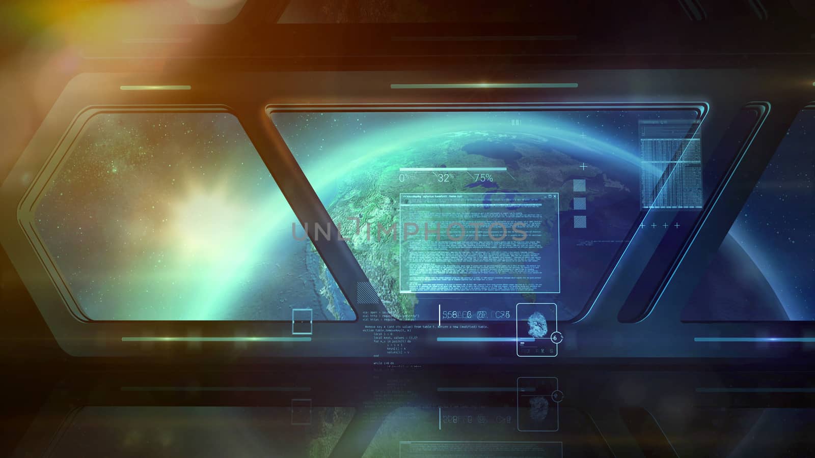 The spacecraft flies to Earth. Before the viewing window, the halo- graphic data of the flight is visible.