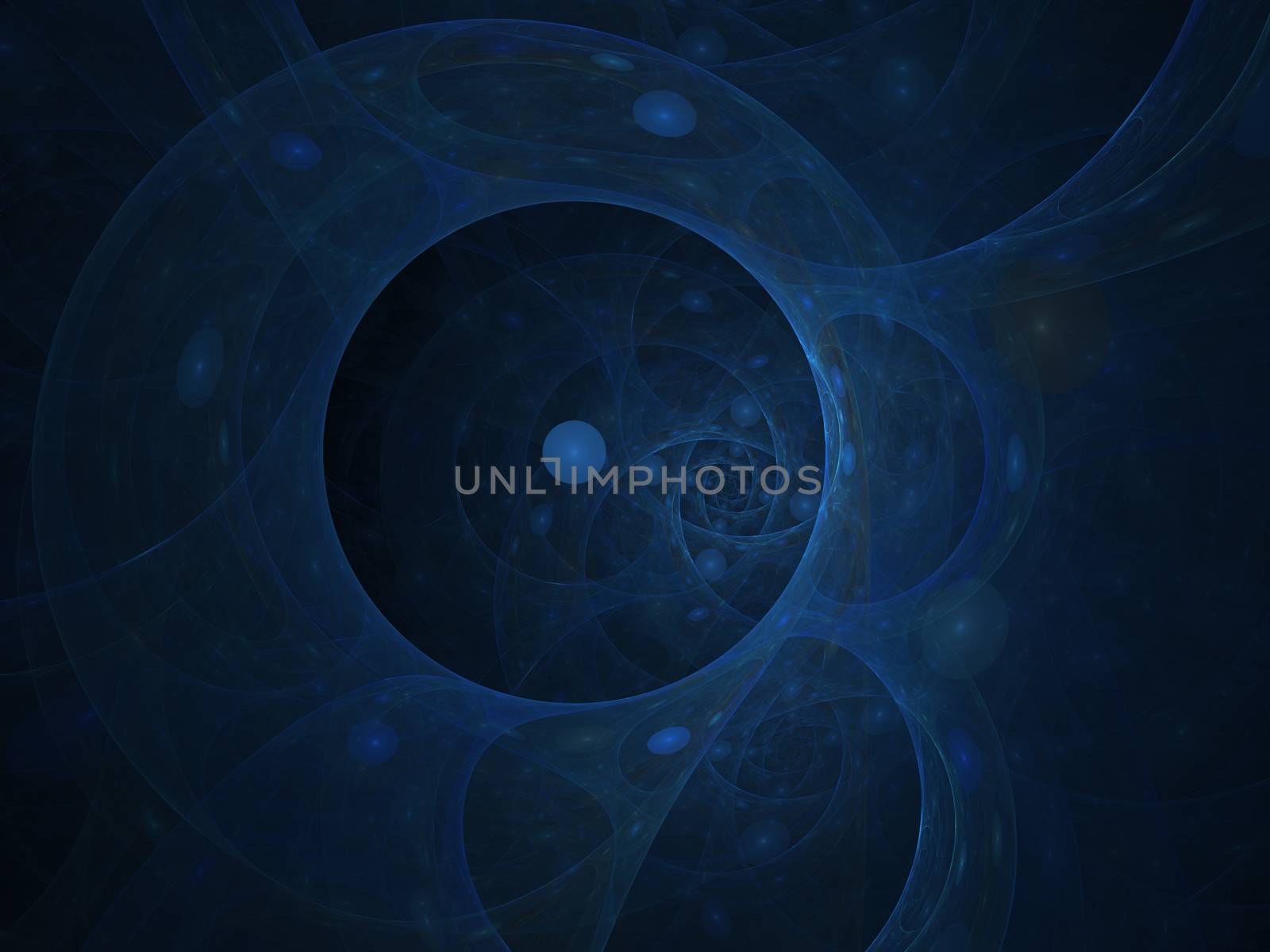 Perfect abstract digital blue background. Vortextunnel, 3d illustration. Composition of bubbles and circles and fractal elements with metaphorical relationship to space, science and modern technology.