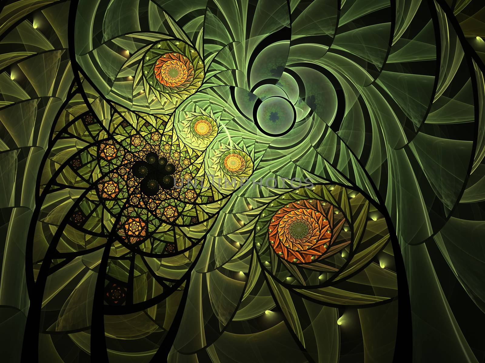 Spiral mosaic fractal pattern. Floral mosaic stain glass composition in green tone