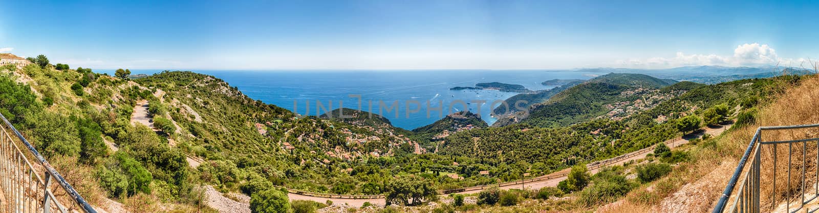 Scenic landscape view over the French Riviera coastline, as seen from Fort de la Revere, near the village of Èze, Cote d'Azur, France