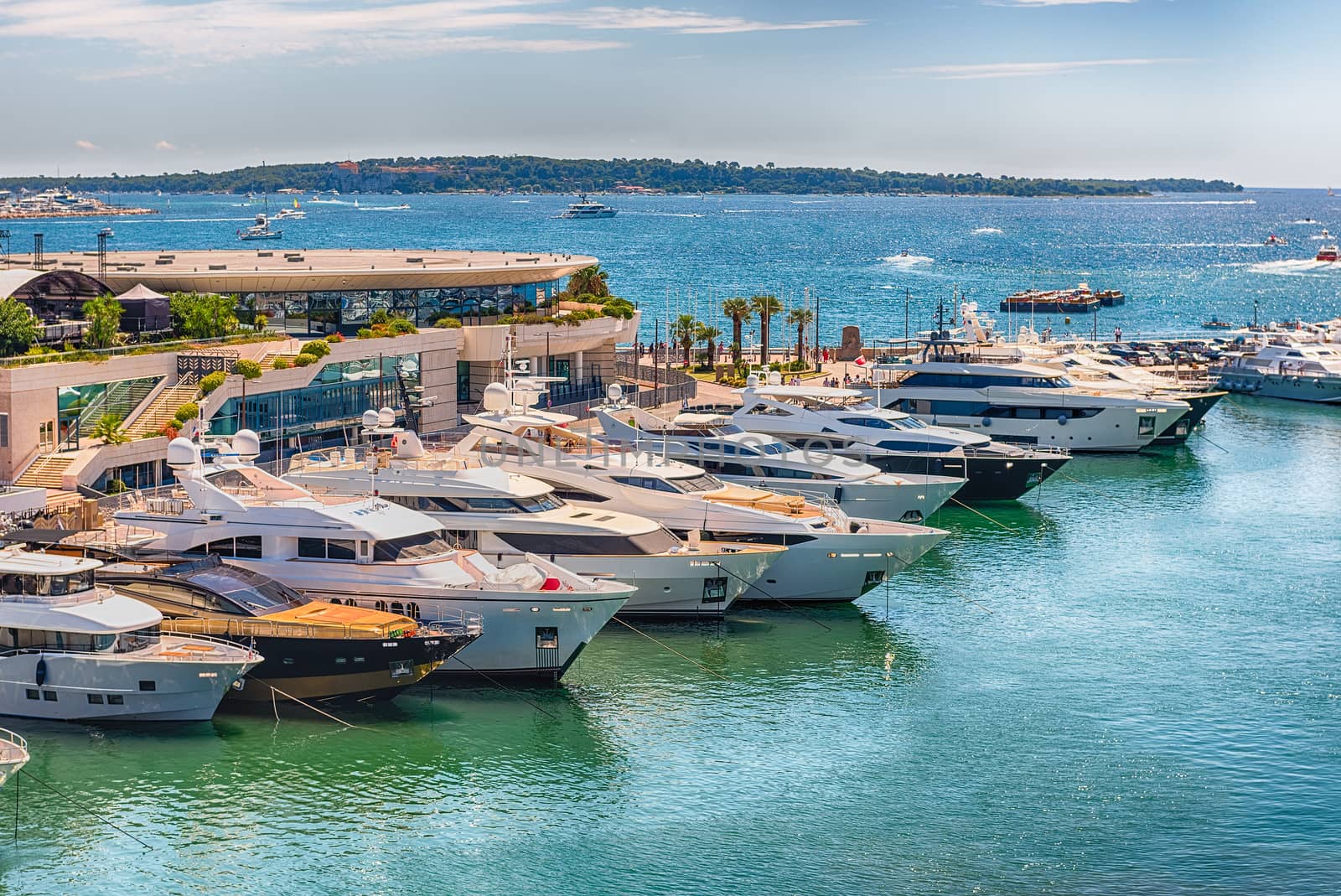 View over luxury yachts of Vieux Port in Le Suquet district, city centre and old harbour of Cannes, Cote d'Azur, France