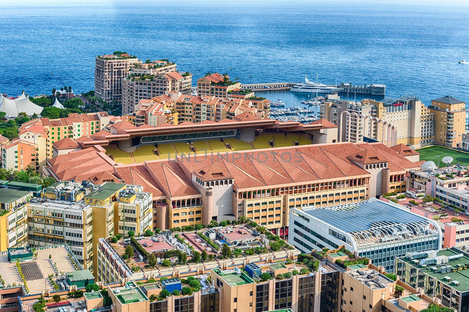 Aerial view of the Louis II stadium. It is located in the Fontvieille district of Monaco, Cote d'Azur, French Riviera