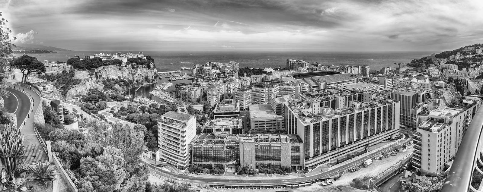 Panoramic view of Fontvieille district in the Principality of Monaco, Cote d'Azur, French Riviera