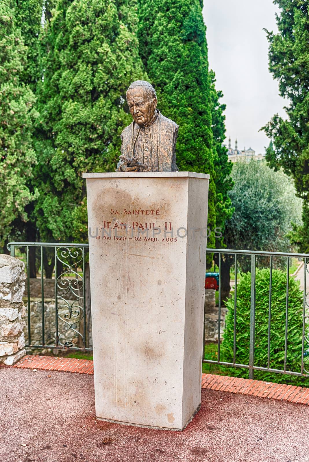 Bronze bust of Pope John Paul II, located in the Cimiez neighborhood in Nice, Cote d'Azur, France