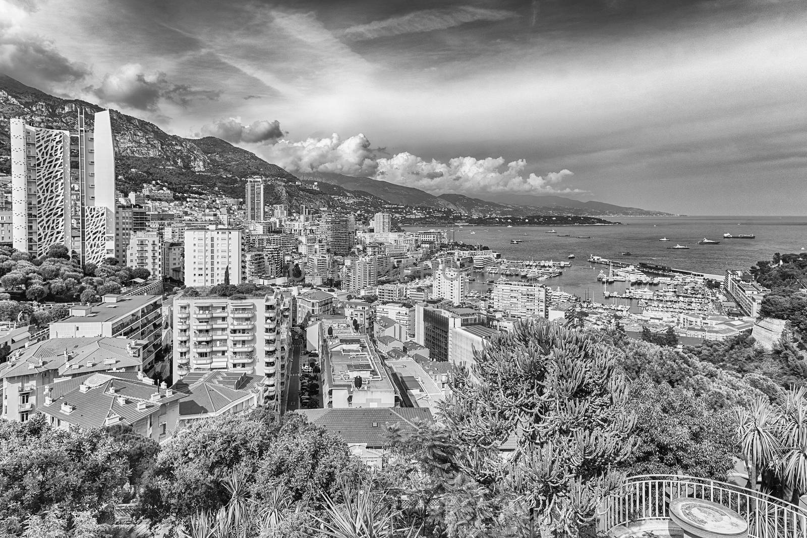 View over Port Hercules in La Condamine district, city centre and harbour of Monte Carlo, Cote d'Azur, Principality of Monaco, iconic landmark of the French Riviera