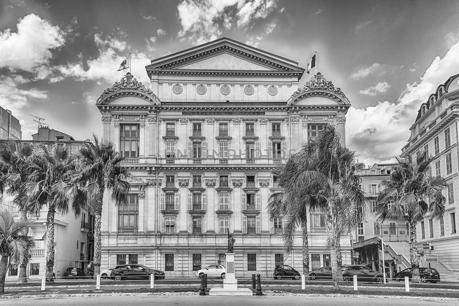 Southern facade of the Opera House, iconic theatre and major landmark on the Promenade des Anglais, Nice, Cote d'Azur, France