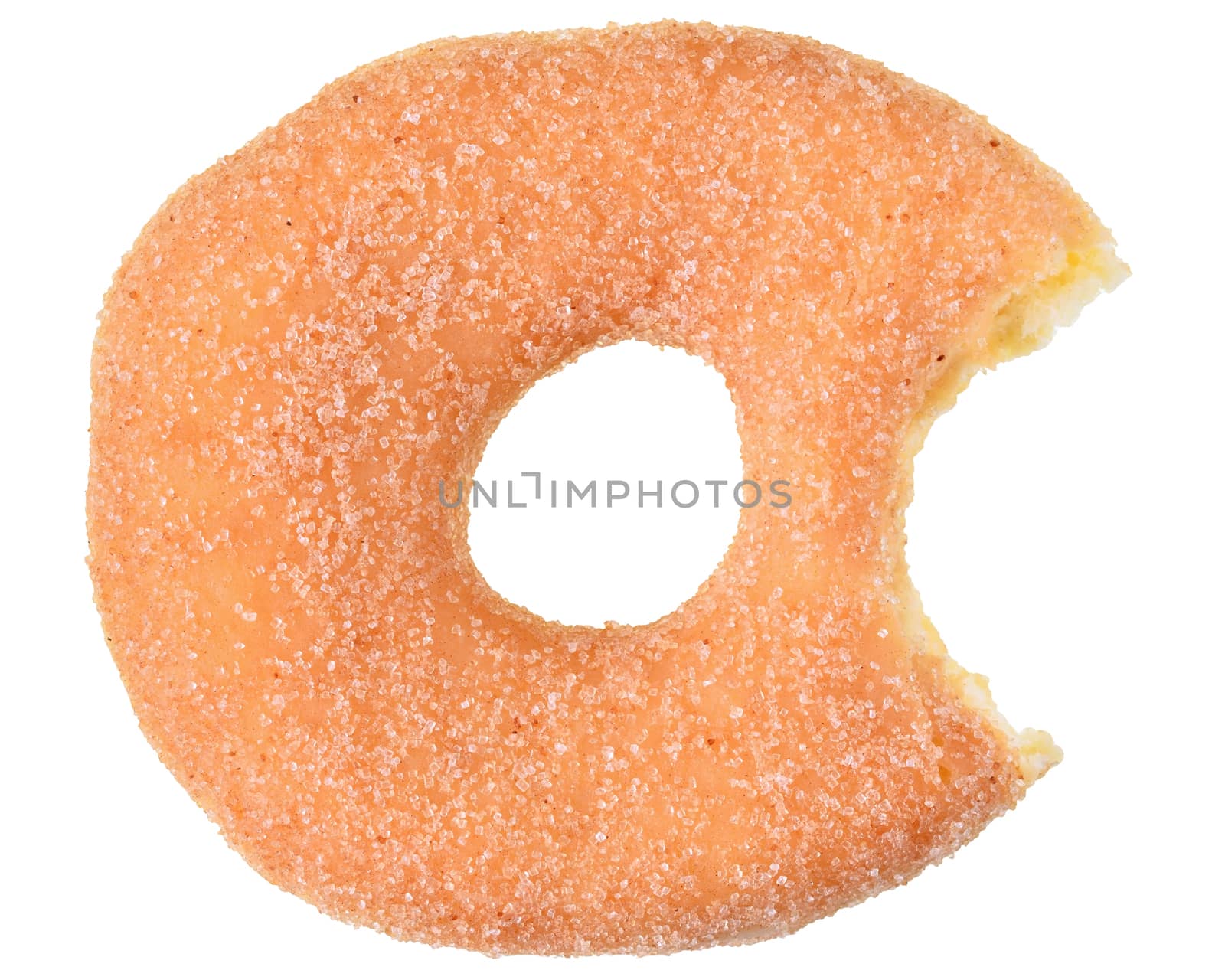 Bitten sugar donut top view isolated on white background.