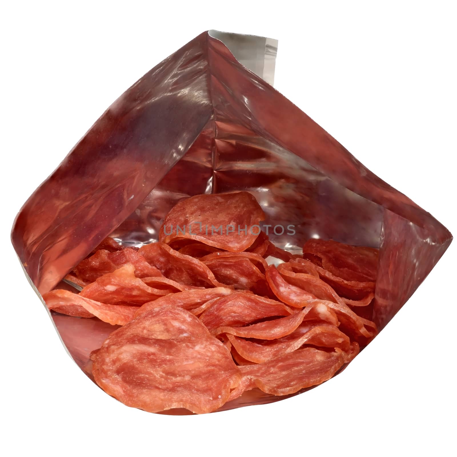 Meat stuffed chips in packaging close up isolated on a white background.