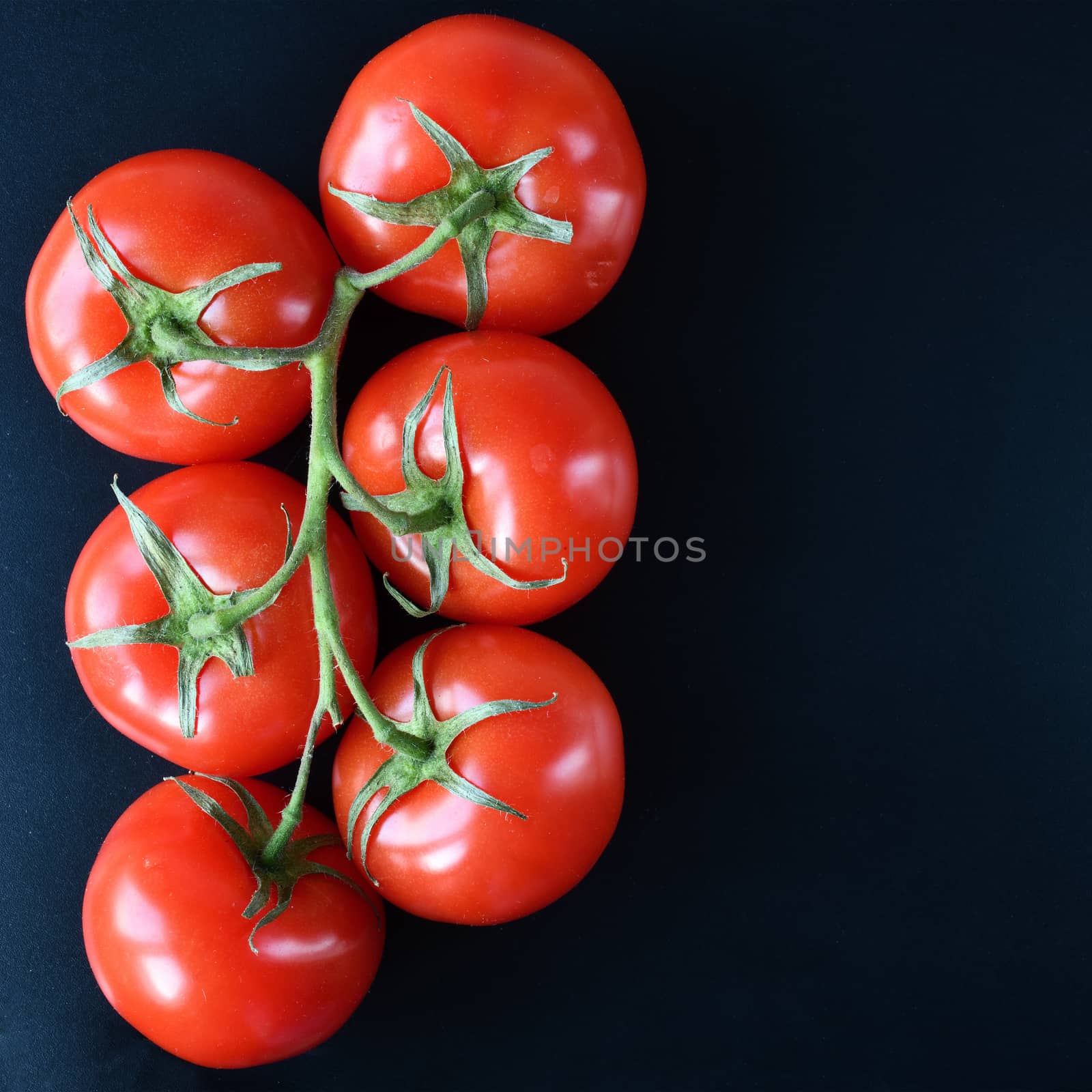 Tomato on branch top view on black background.