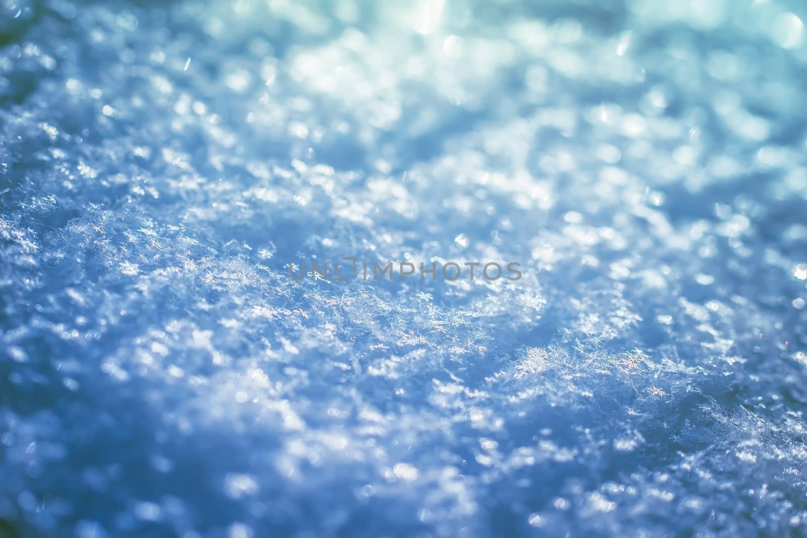 Macro background of fresh snowflake texture on a blur.