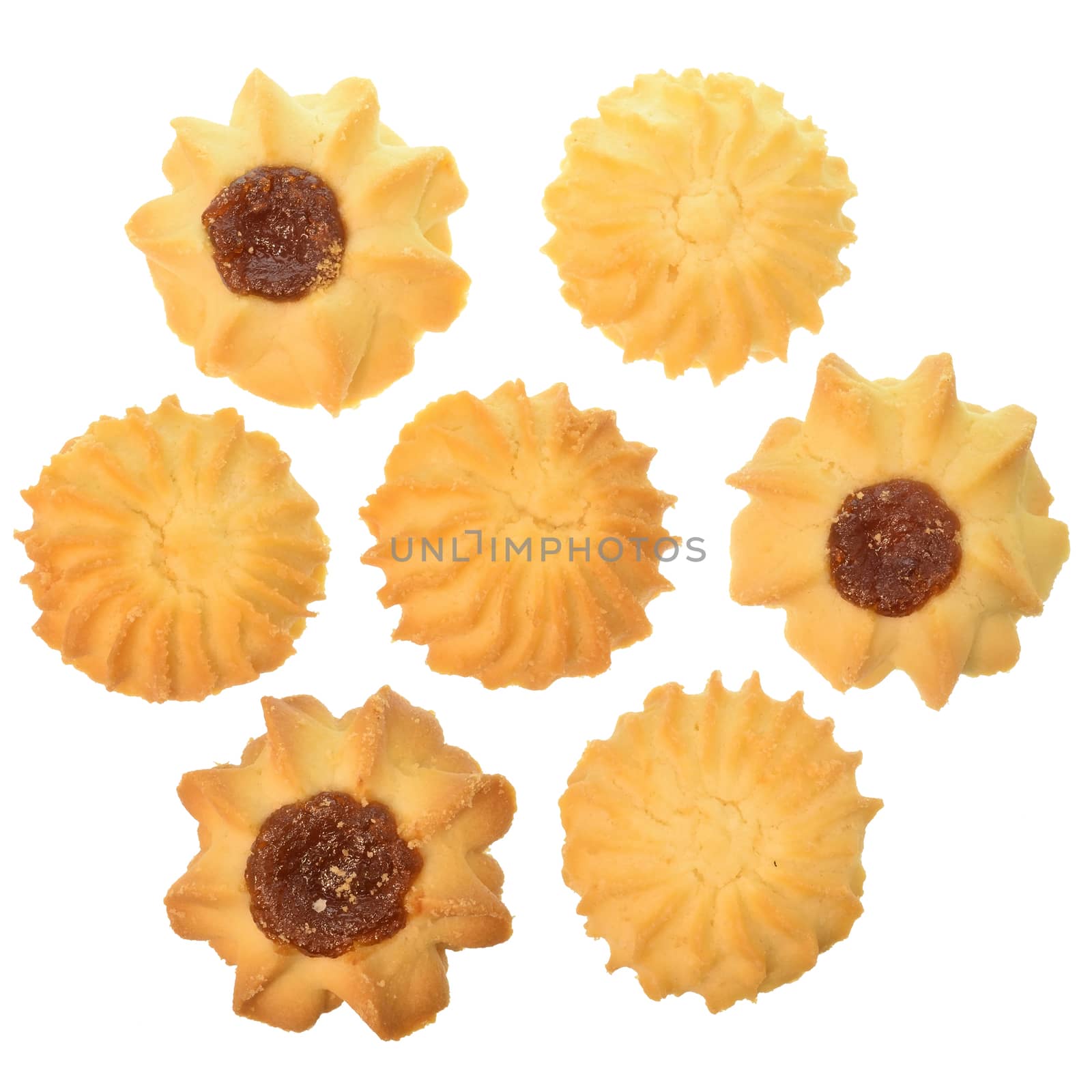 Homemade shortbread cookies with apple jam isolated on white background.