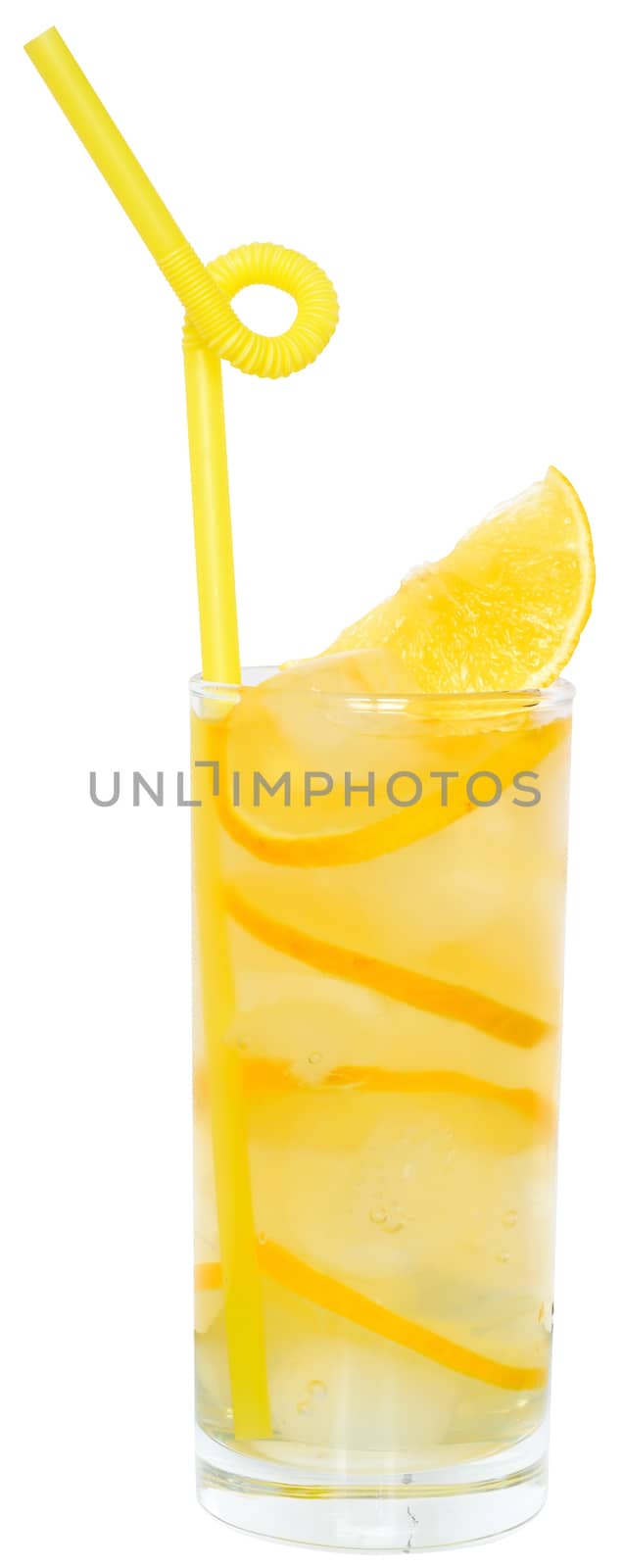 Lemonade with ice cubes on white background.