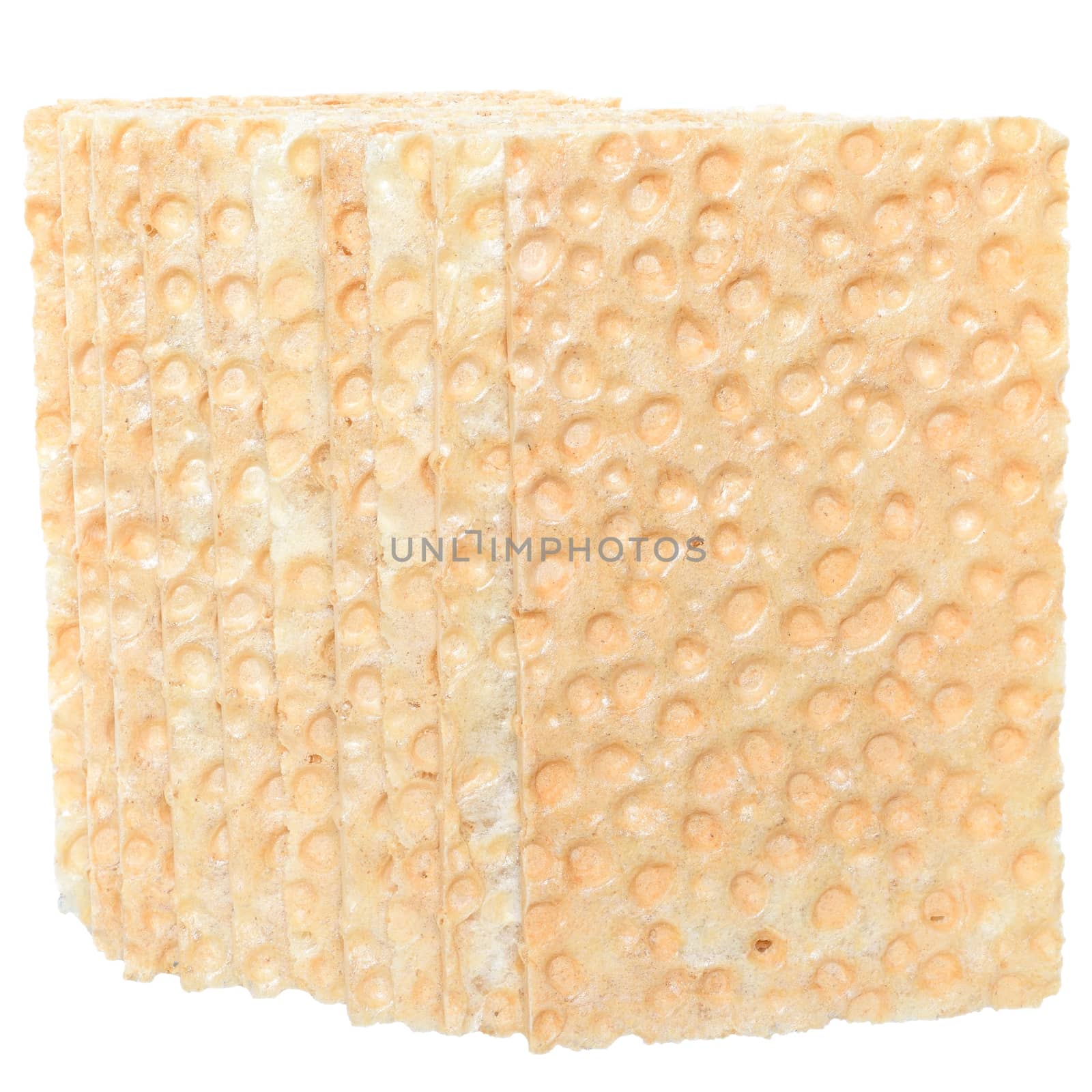 Heap slice of crispbread top view on white background.