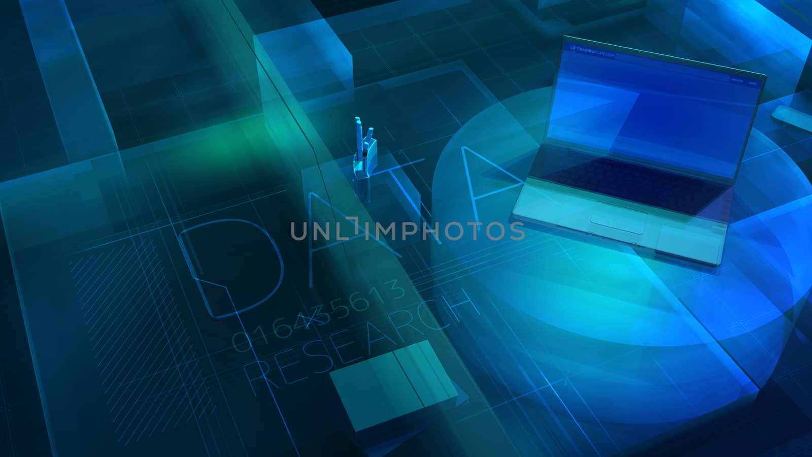 Corporate background in blue with laptop on the theme of Data Research.