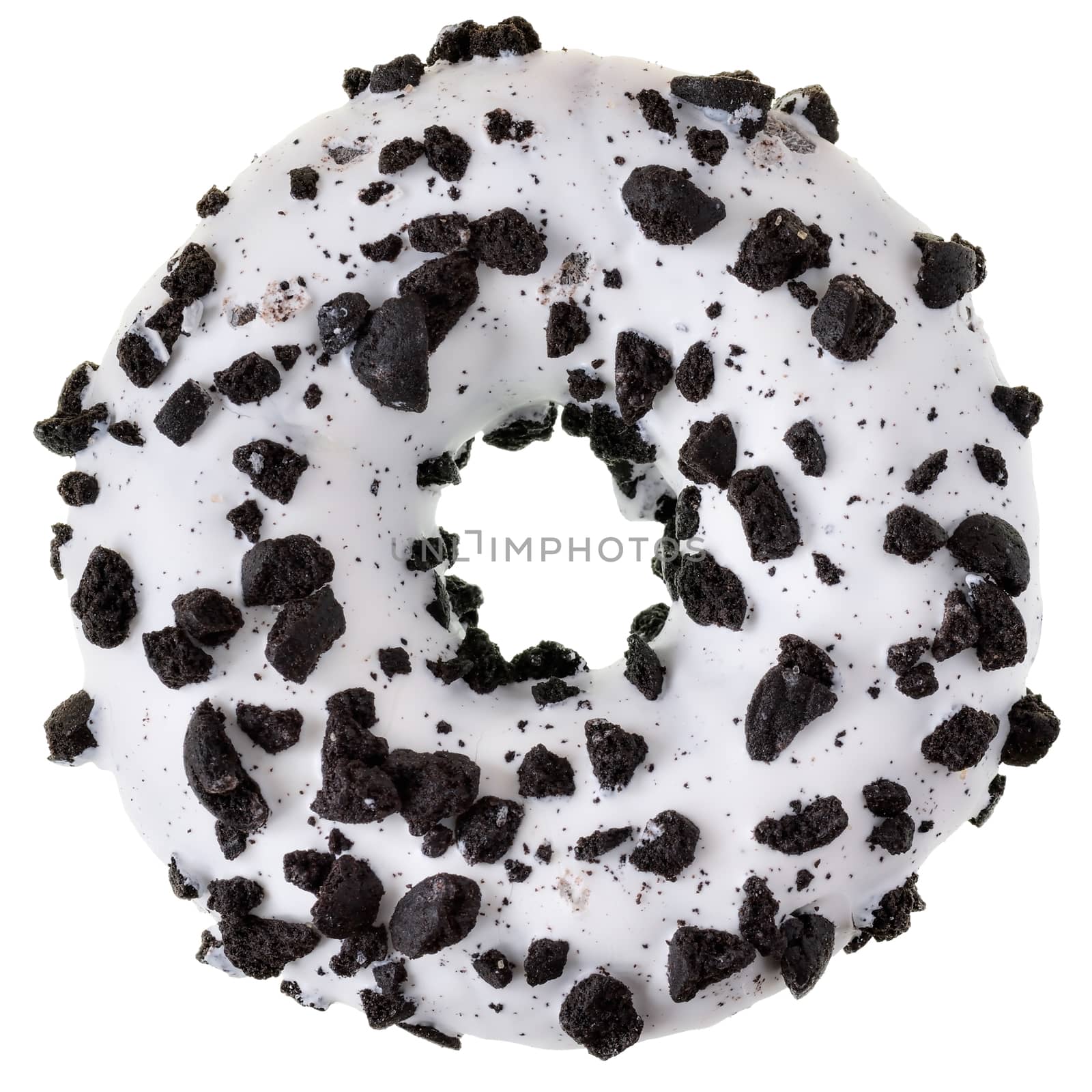 Chocolate glazed donut with chocolate chips isolated white background top view