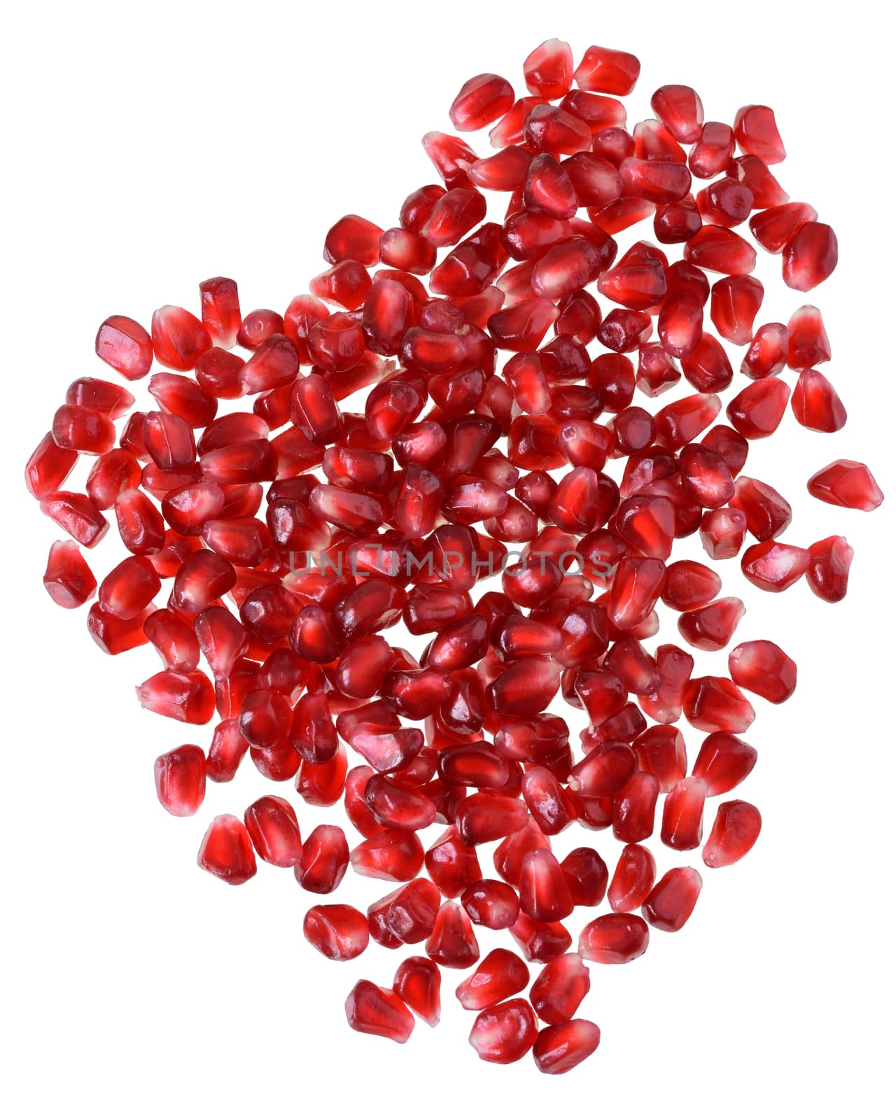 Cut the pomegranate with scattered grain top view isolated on white background.