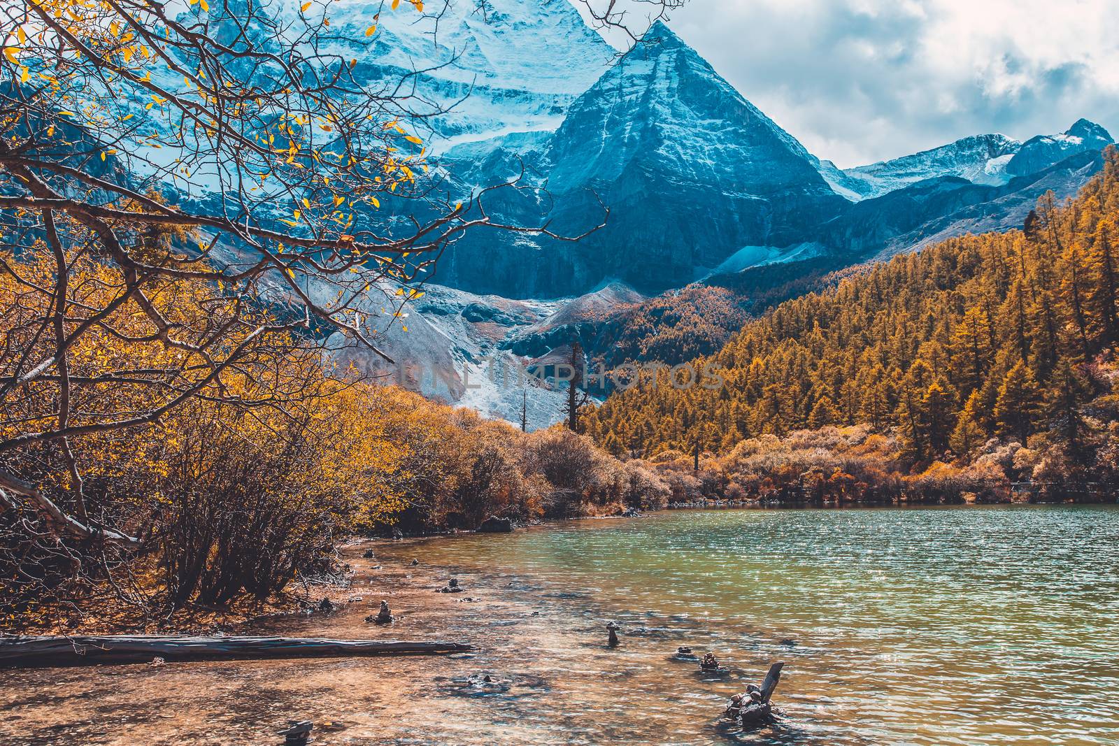 Pearl Lake or Zhuoma La Lake and snow mountain in autumn in Yadi by freedomnaruk