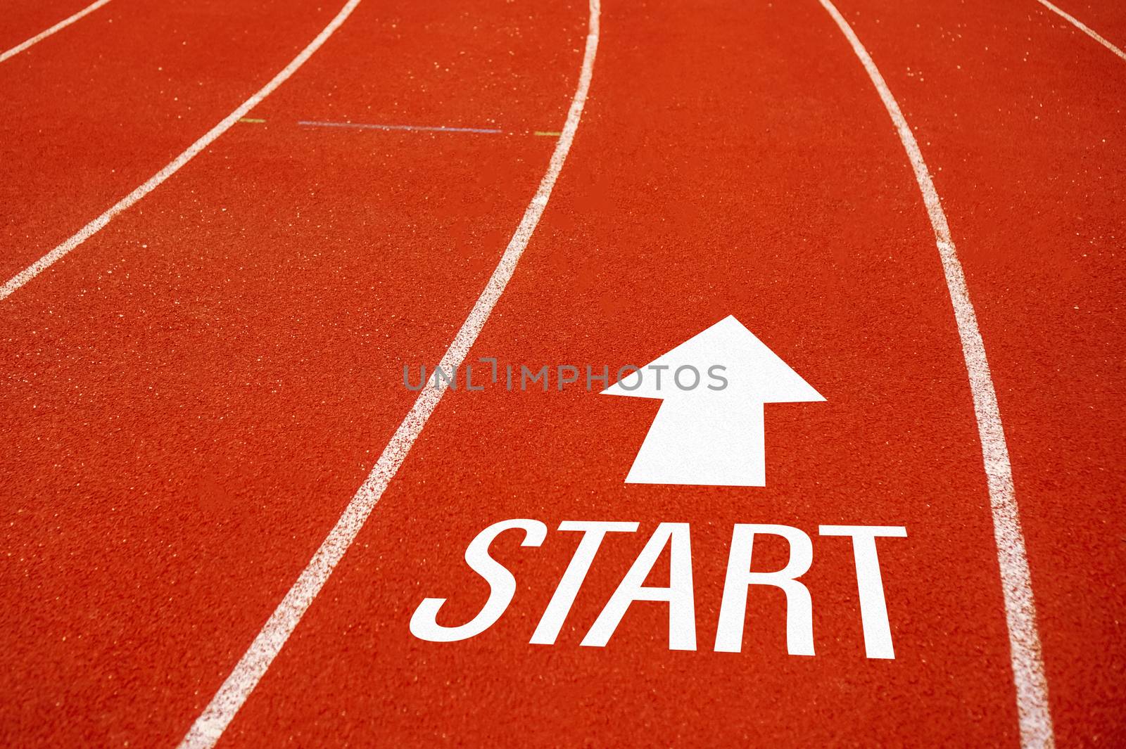 Start line on running court represents the beginning of a journey to the destination in business planning, strategy and challenge or career path, opportunity concept.