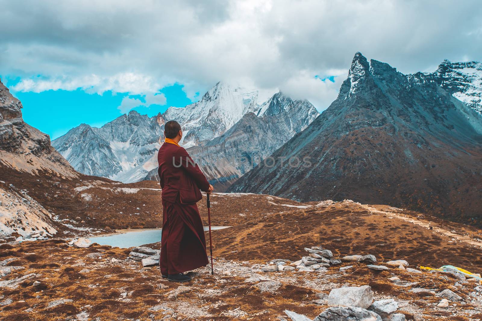 Colorful in autumn forest and snow mountain at Yading nature reserve, The last Shangri la