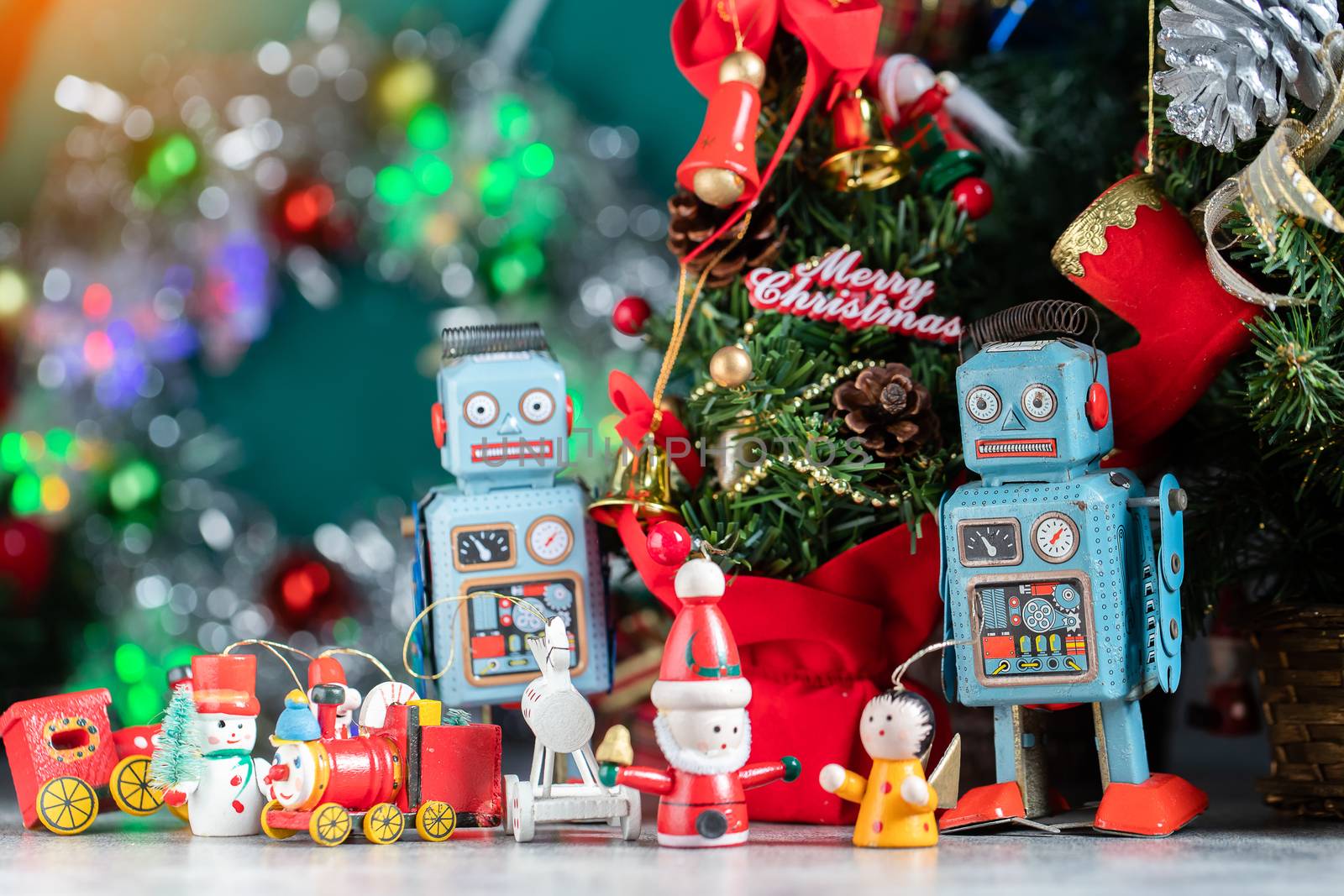 Christmas Background Of Defocused Lights With Decorated Tree