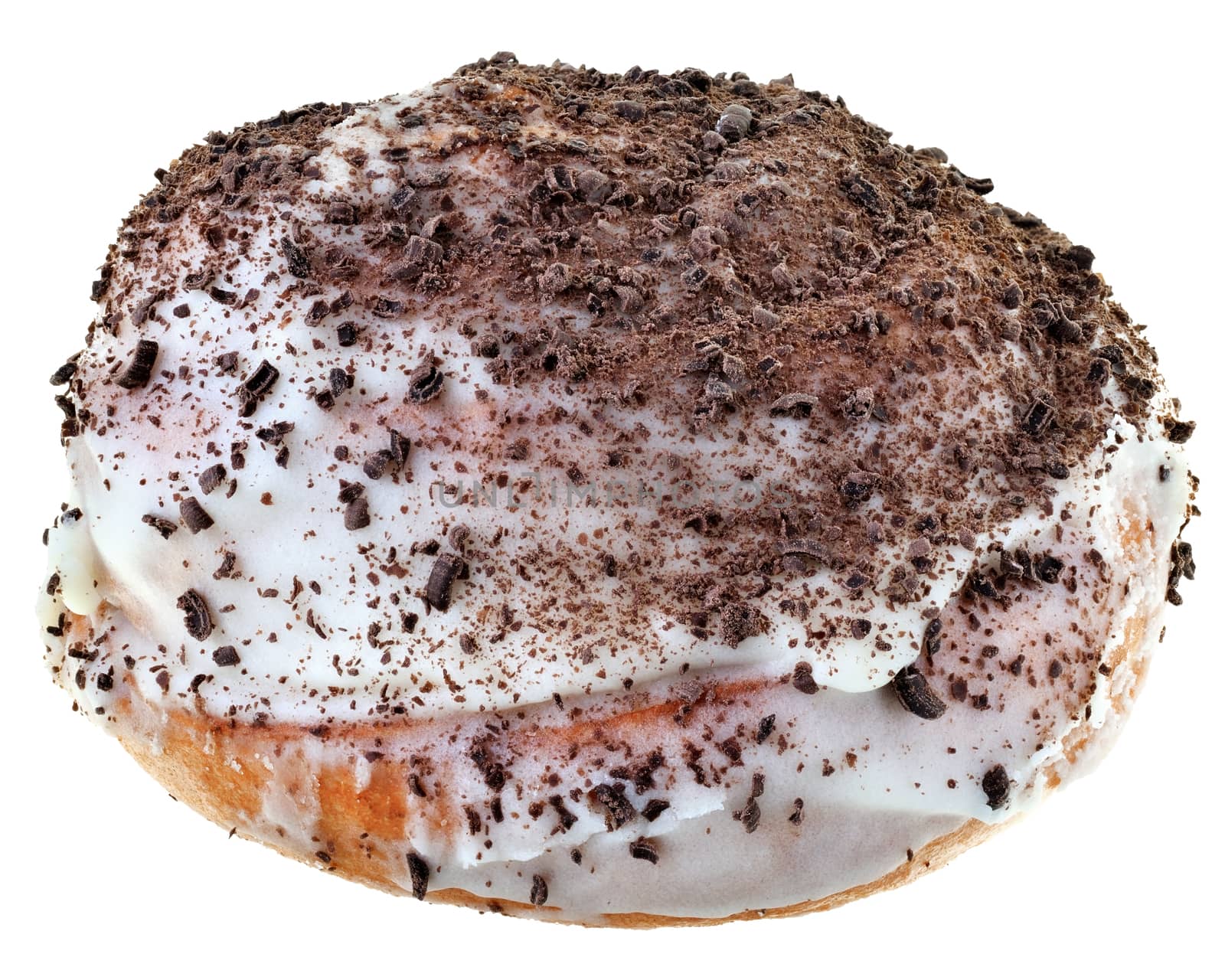 sweet bun with icing sugar and chocolate chips isolated on a white background.