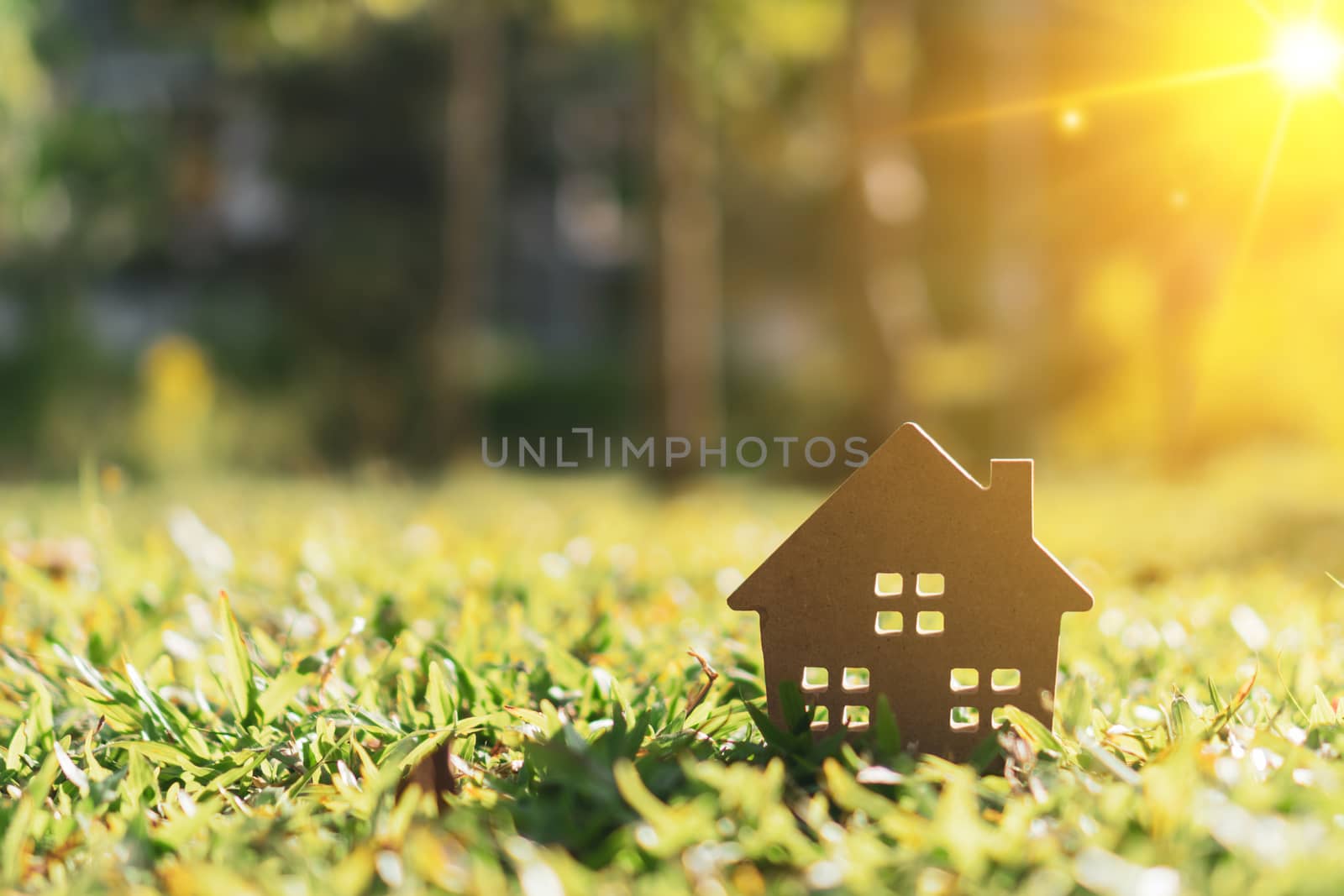 Closed up tiny home model on green grass with sunlight background.