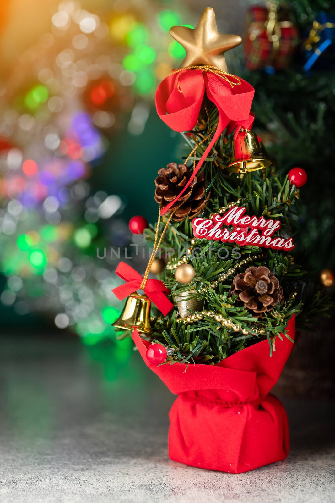 Christmas Background Of Defocused Lights With Decorated Tree