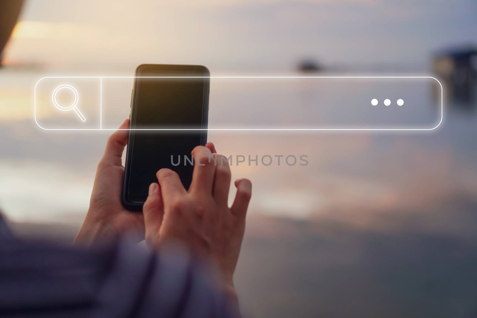 People hand using mobile phone or smartphone searching for information in internet online society web with search box icon and copyspace.