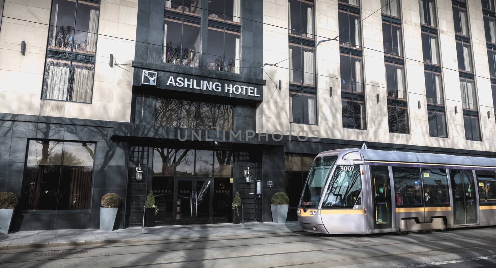 Dublin, Ireland - February 13, 2019: Front of the Ashling luxury hotel in the city center on a winter day