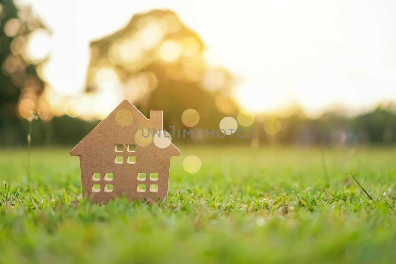 Closed up tiny home model on green grass with sunlight background.