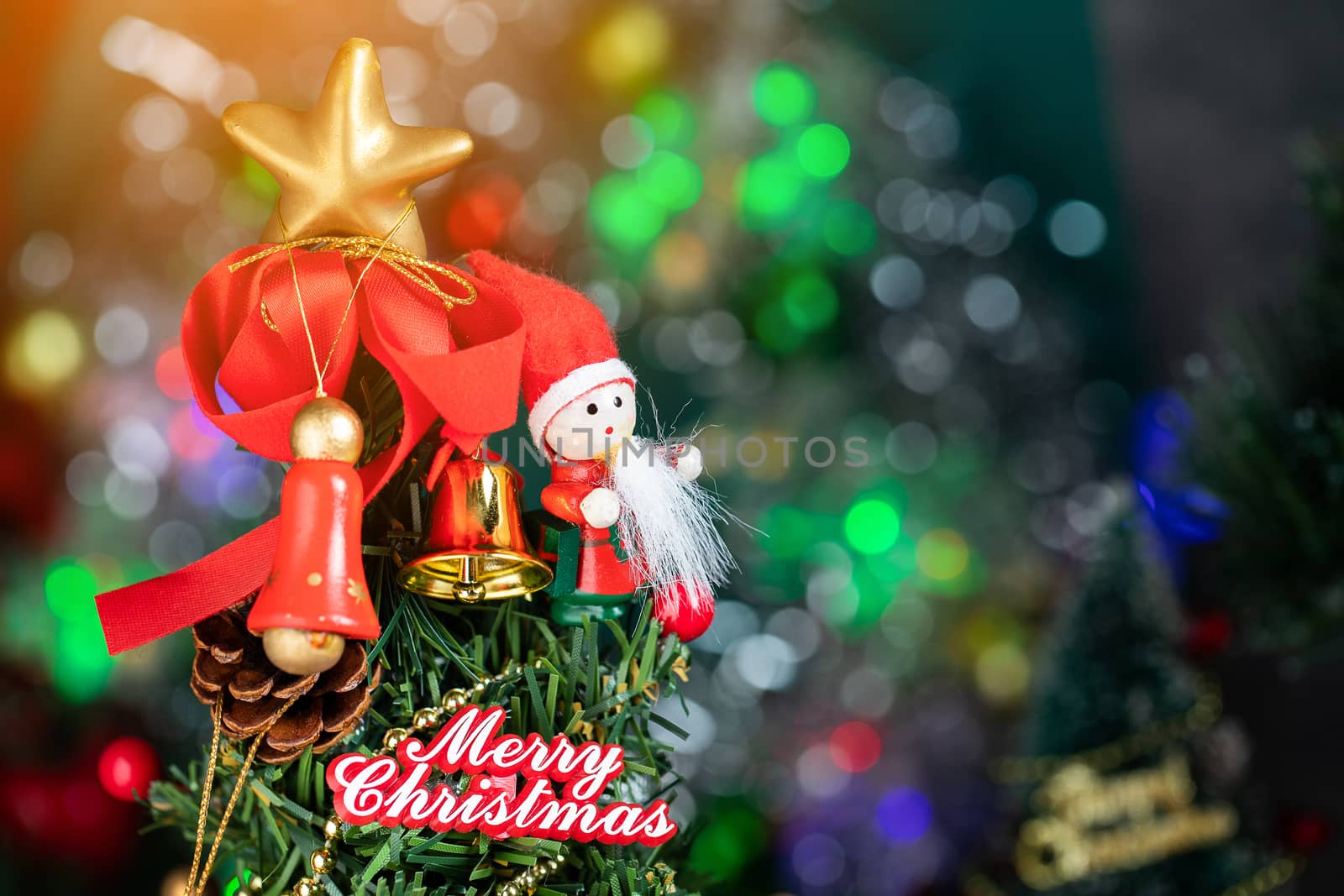 Christmas background with decorations and gift boxes on wooden