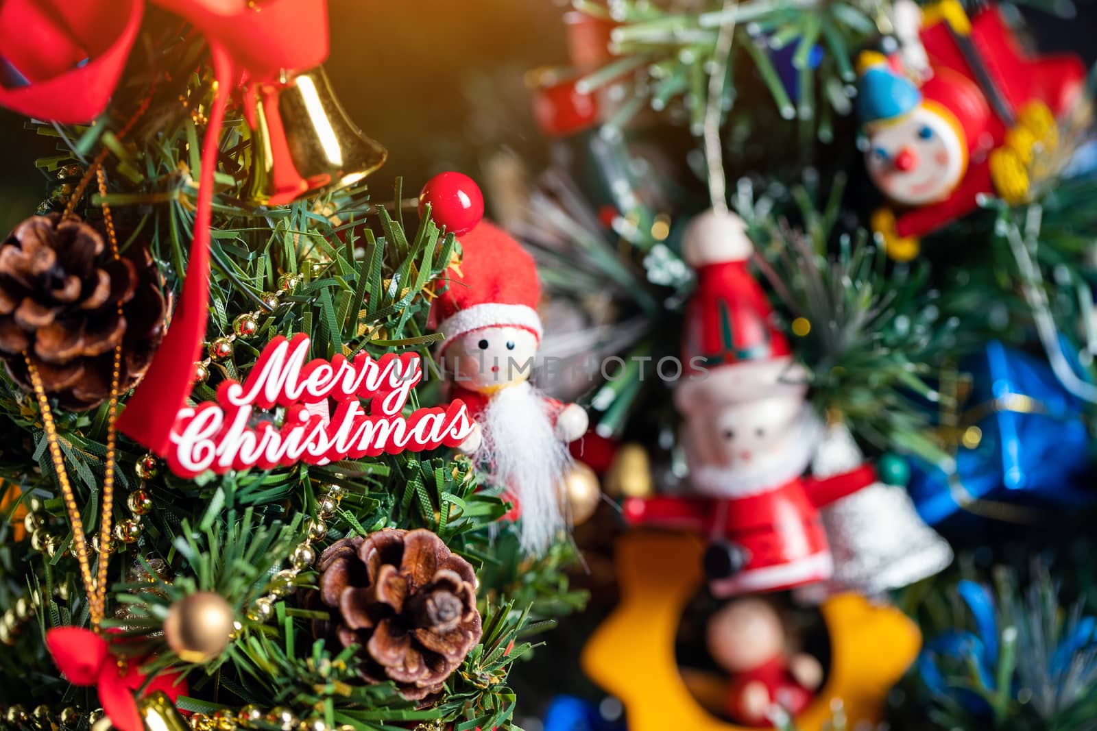 Christmas background with decorations and gift boxes on wooden