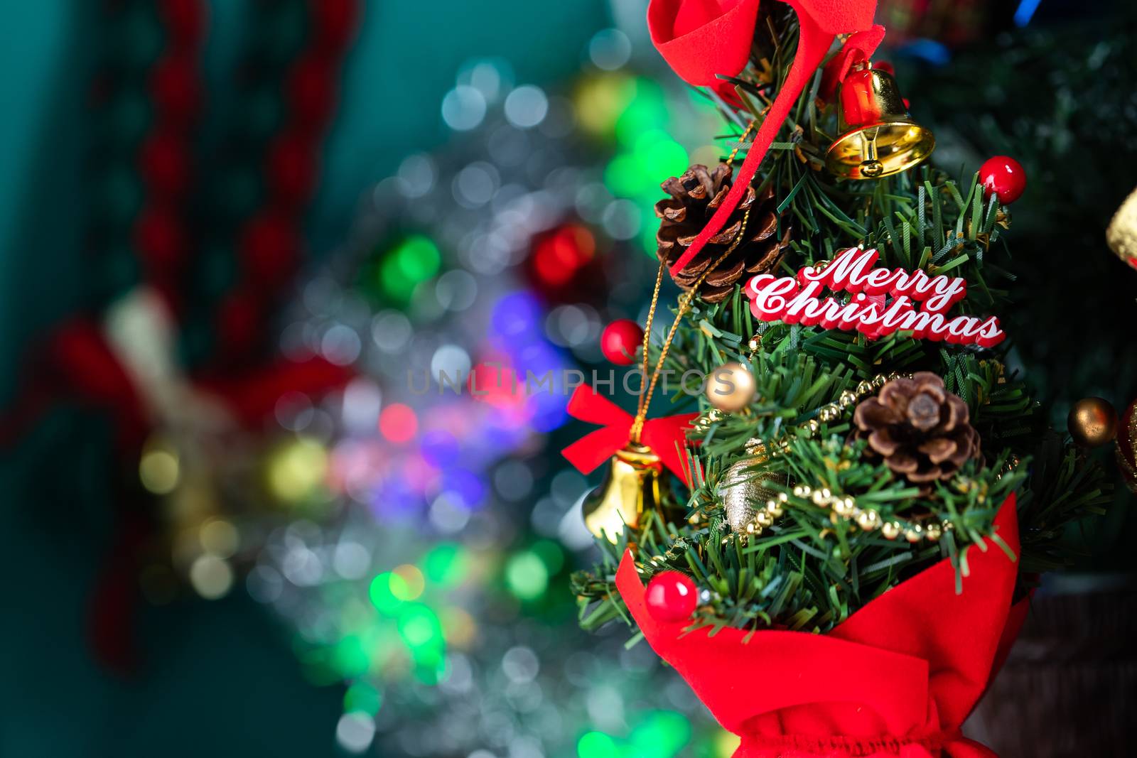 Christmas Background Of Defocused Lights With Decorated Tree