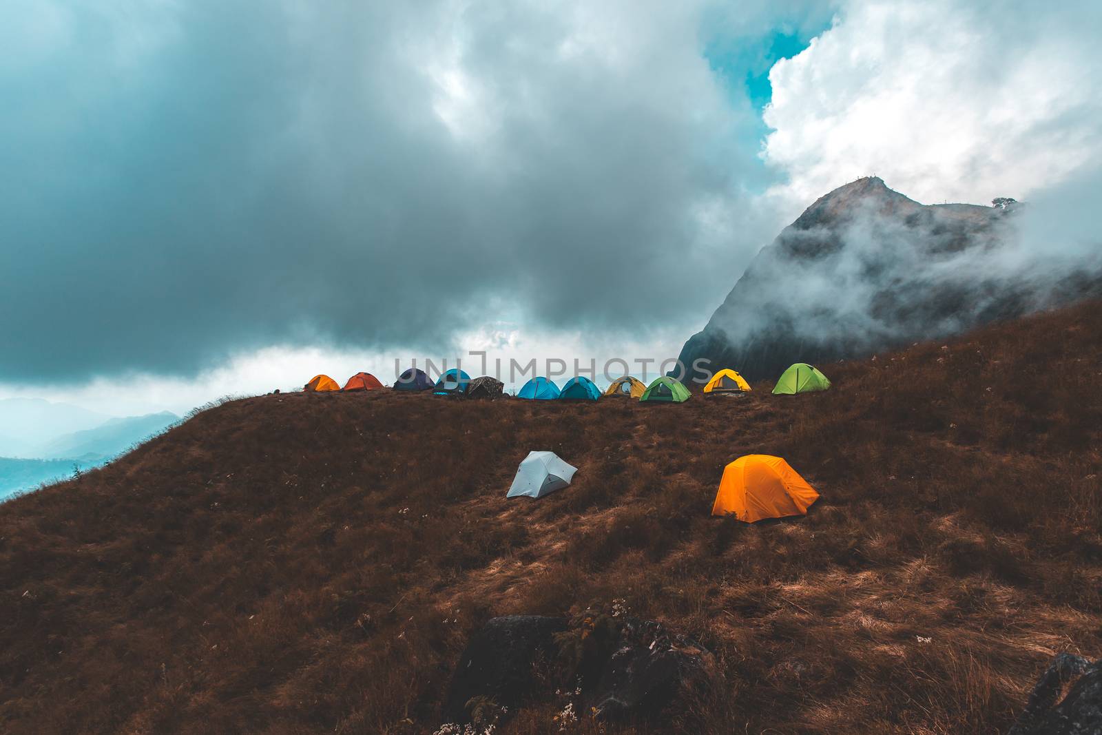 tourist tent camping in mountains