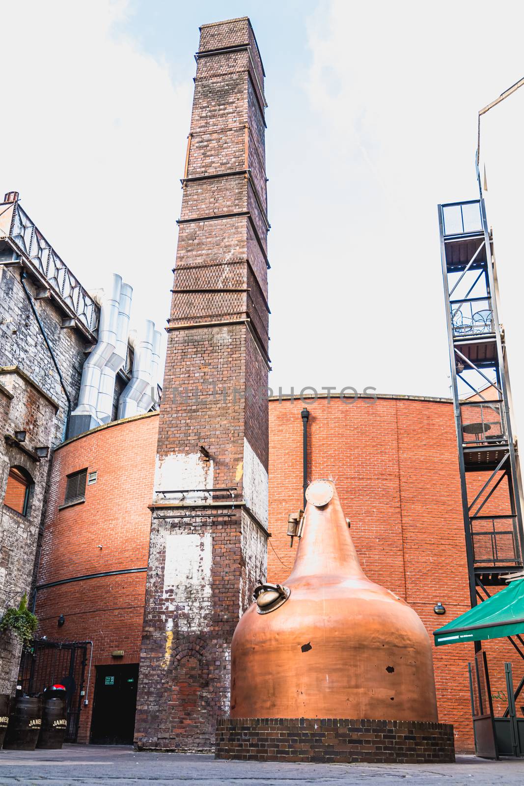 Dublin, Ireland - February 16, 2019: Architectural detail of the old Irish whiskey distillery of the commercial brand Jameson on a winter day