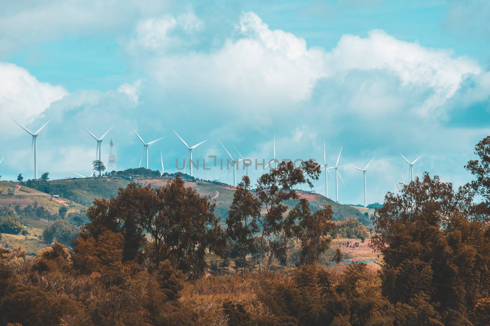 Wind turbines on sunny morning by freedomnaruk