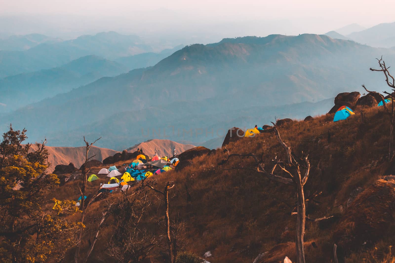 Top View Mulayit Taung golden light of the morning sun and the mist covered on Mount Mulayit,Myanmar