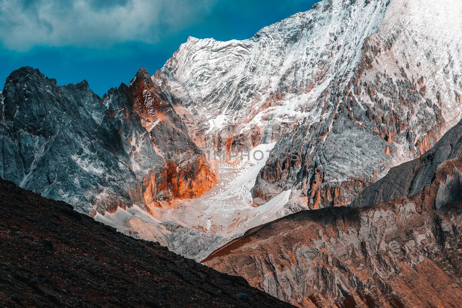 Colorful in autumn forest and snow mountain at Yading nature reserve, The last Shangri la