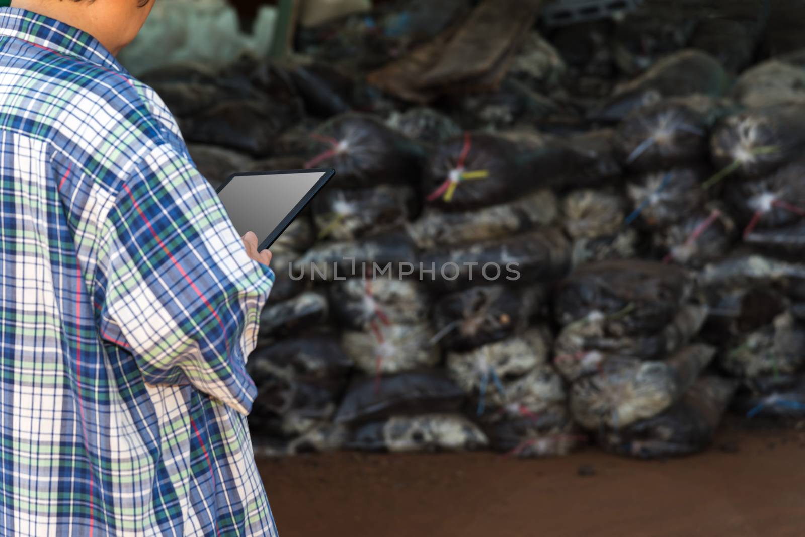 Asian woman smart farmer agriculturist happy at a Fertilizer composting plant with Organic Fertilizer, Compost (Aerobic Microorganisms) from animal waste for use in the organic agriculture industry