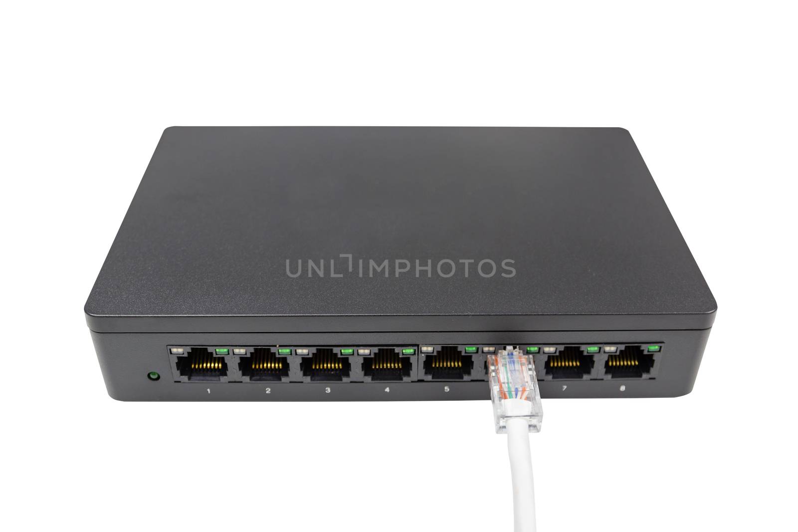 Black switch 8 port gigabit isolated white background device connect network and internet, clipping path