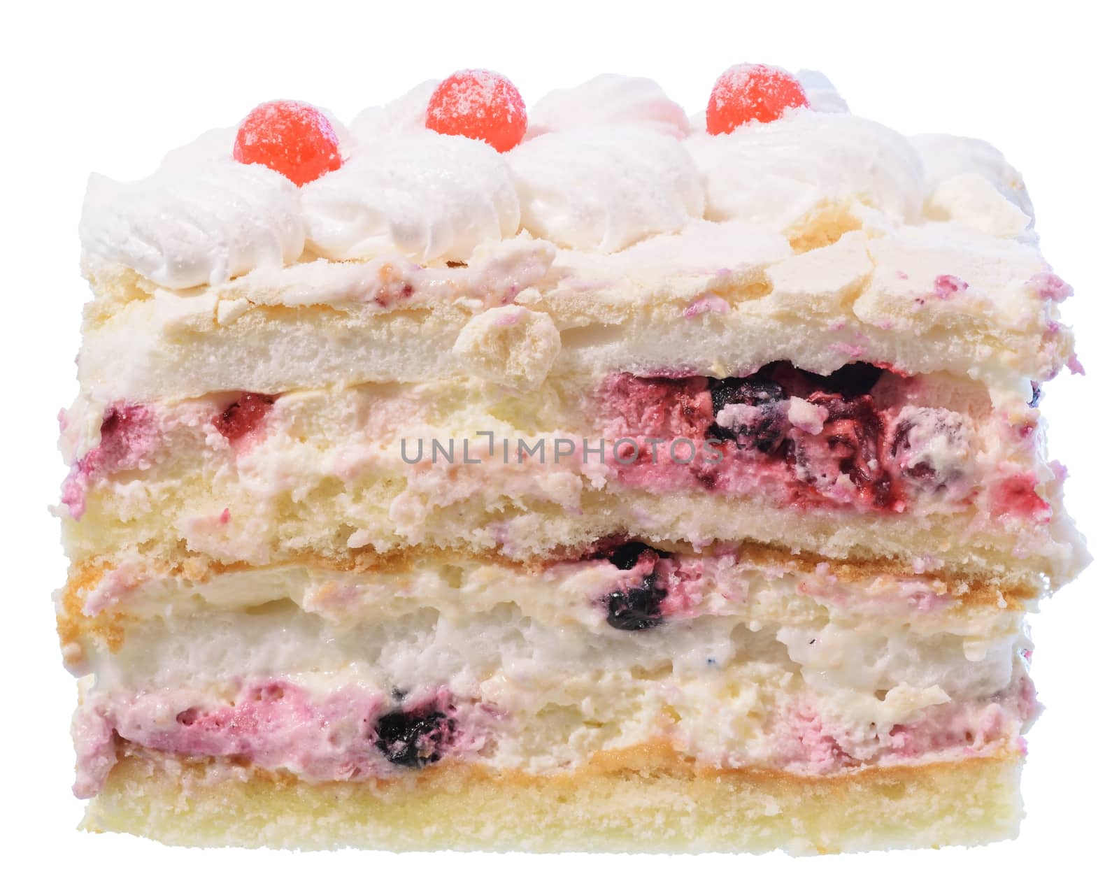Cake with cream and blueberries isolated on a white background.