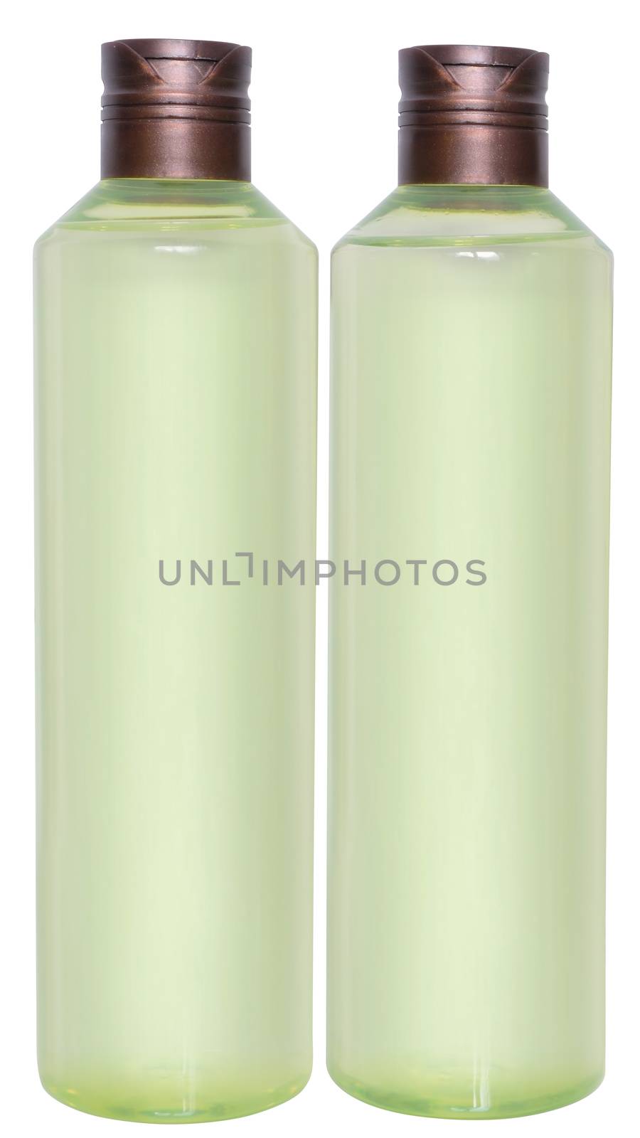 Two bottles of cosmetic lotion on a white background.
