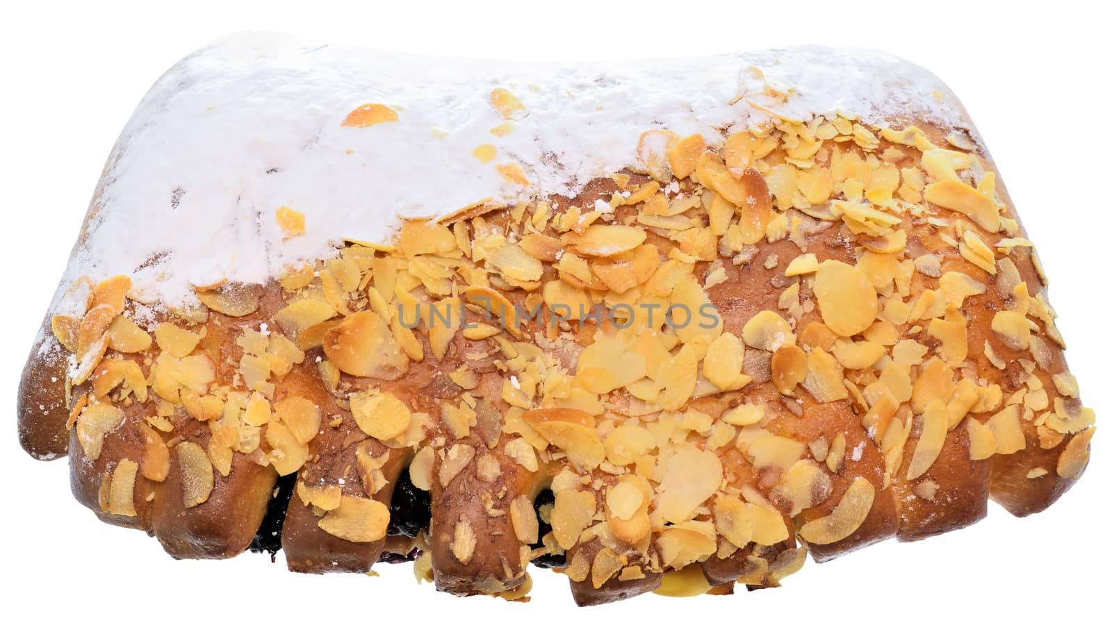 Sweet bun with icing sugar and peanut chips isolated on a white background.