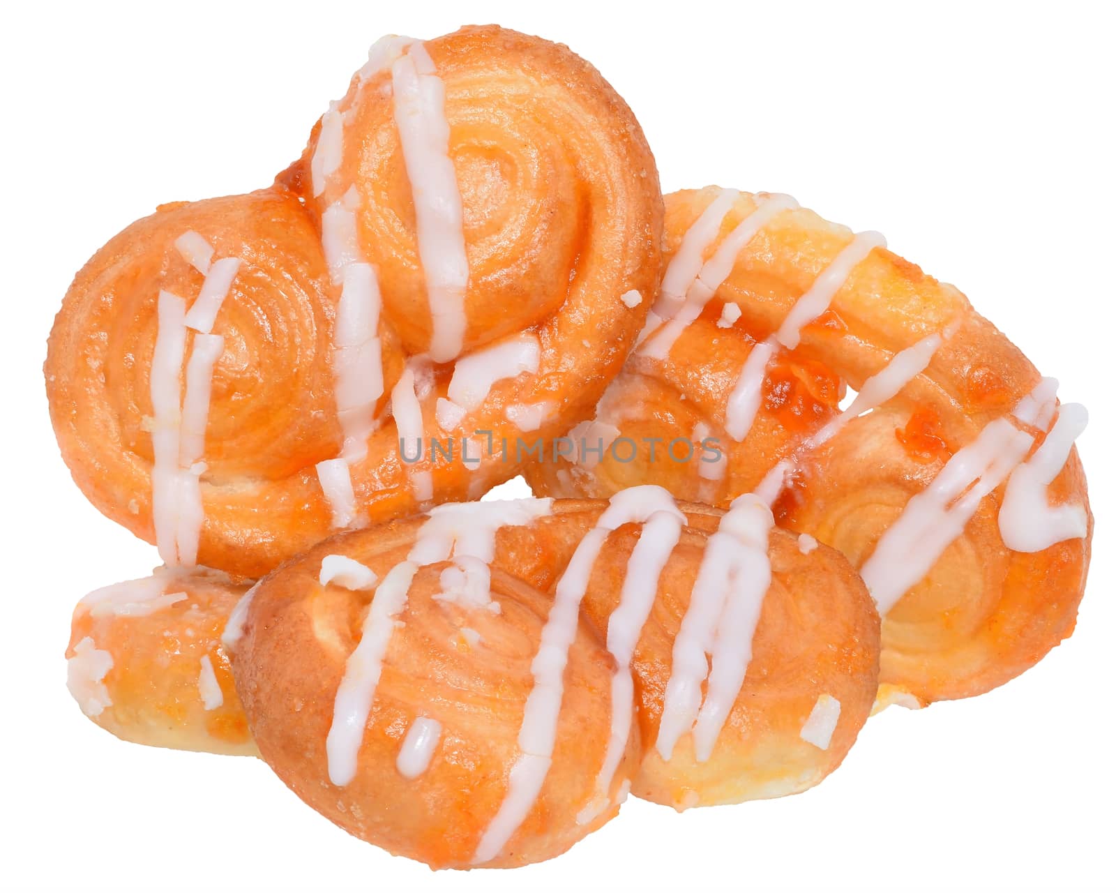 Pretzel shaped sugar cookies, made of puff pastry with butter on a white background. 
